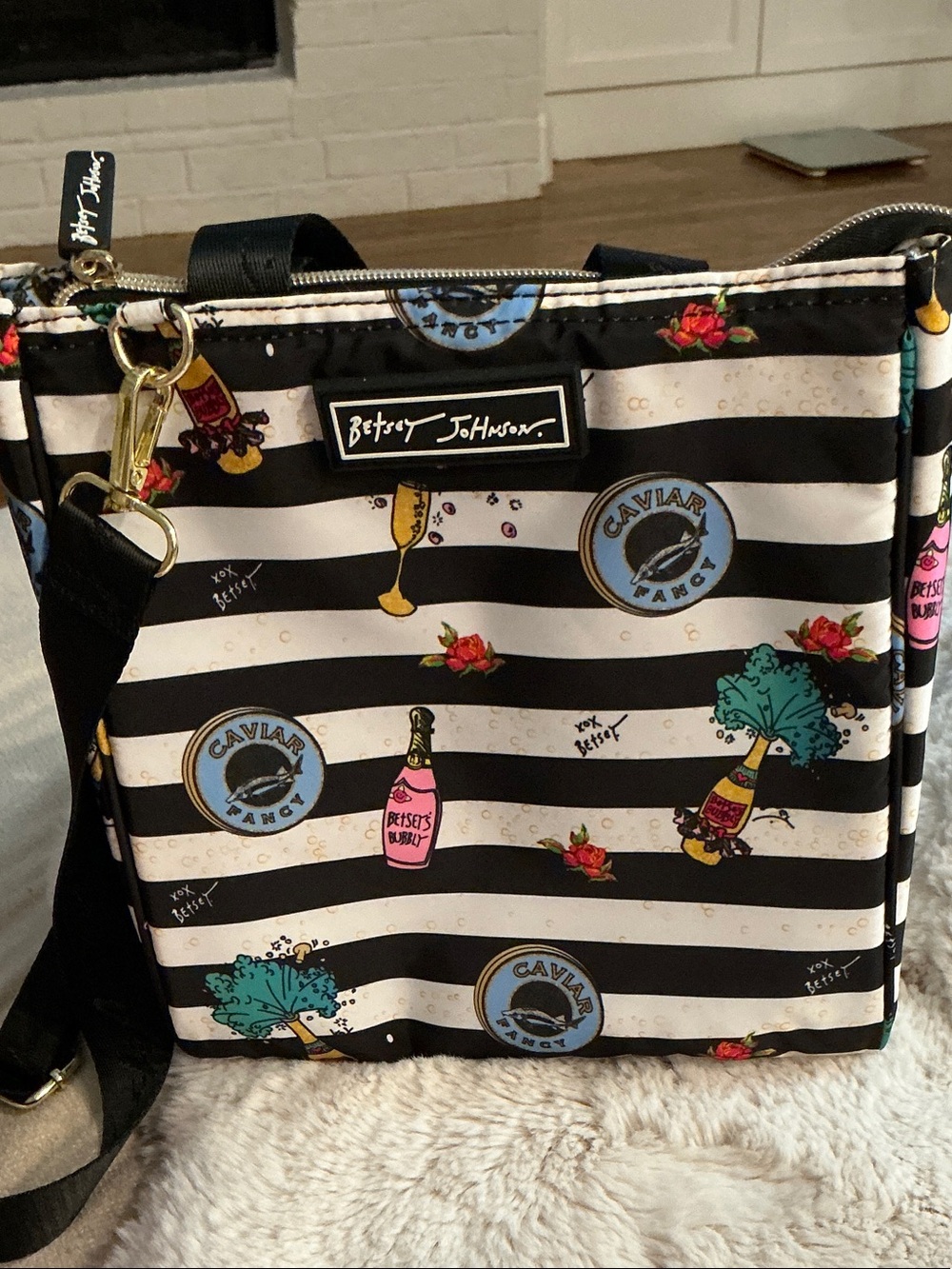 Betsey Johnson Black & White Striped Insulated Tote with Colorful Pop Icons